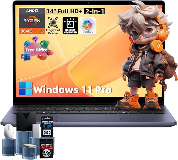 Dell Inspiron 14 2-in-1 Laptop - AMD Ryzen 5 8640HS(> Intel i7-1255U), 14" IPS LED FHD Display, 32GB DDR5, 1TB SSD, Backlit KB, Fingerprint, Win 11 Pro, Office License, w/DVD Drive image 1