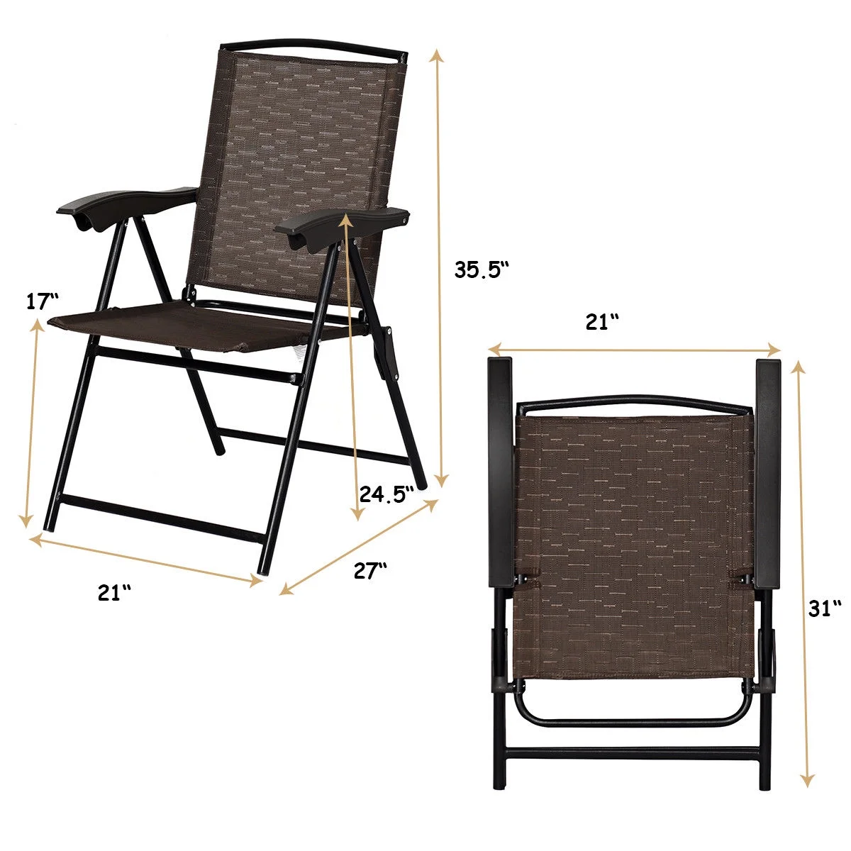 Costway 4PCS Folding Sling Chairs Steel Armrest Patio Garden Camping W/Adjustable Back image 5