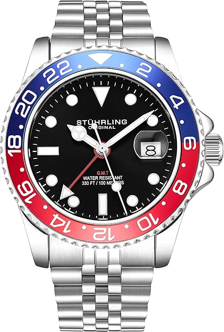 Stuhrling Original Men's Stainless Steel Jubilee Bracelet GMT Watch Quartz, Dual Time, Quickset Date with Screw Down Crown, Water Resistant up to 10 ATM image 1