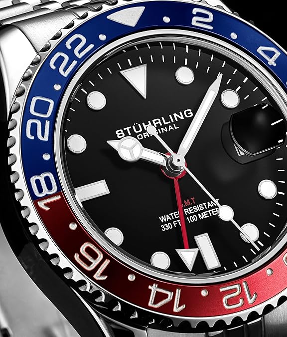 Stuhrling Original Men's Stainless Steel Jubilee Bracelet GMT Watch Quartz, Dual Time, Quickset Date with Screw Down Crown, Water Resistant up to 10 ATM image 2