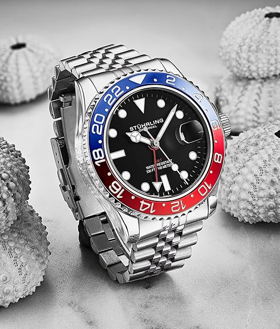Stuhrling Original Men's Stainless Steel Jubilee Bracelet GMT Watch Quartz, Dual Time, Quickset Date with Screw Down Crown, Water Resistant up to 10 ATM image 3