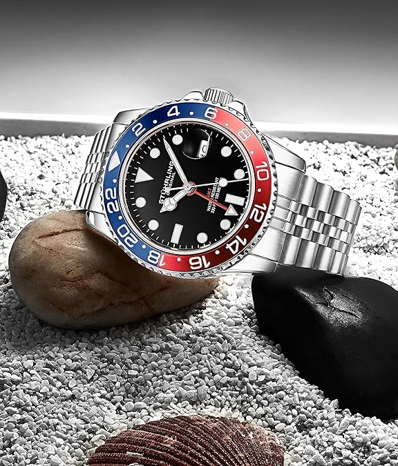 Stuhrling Original Men's Stainless Steel Jubilee Bracelet GMT Watch Quartz, Dual Time, Quickset Date with Screw Down Crown, Water Resistant up to 10 ATM image 6