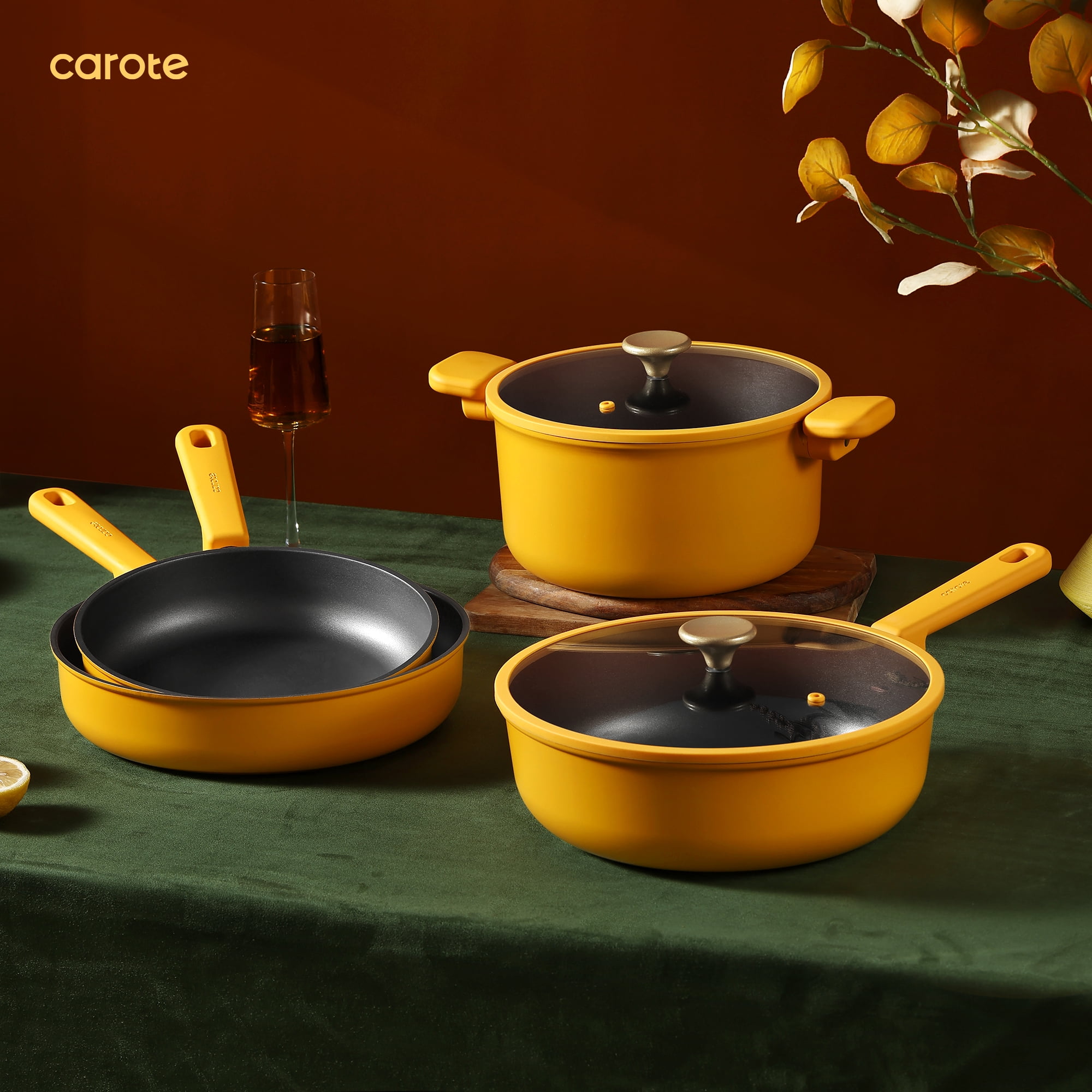 Carote 16 Pcs Kitchen Cookware Sets, Nonstick Pots and Pans Set, Induction Cookware, Lemon Drop image 6