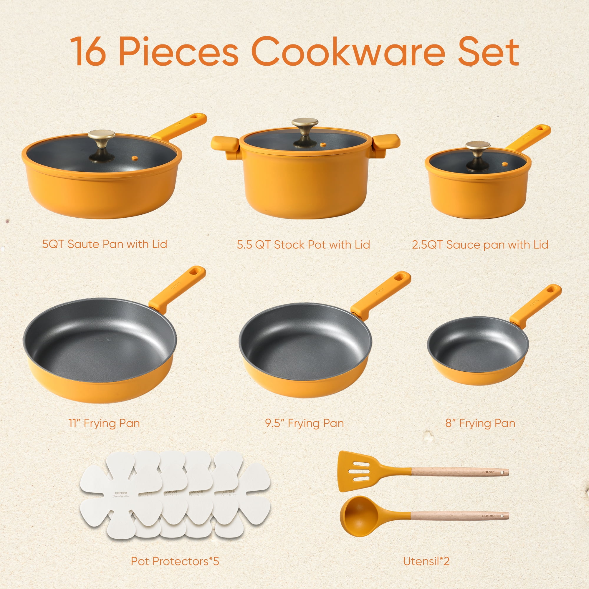 Carote 16 Pcs Kitchen Cookware Sets, Nonstick Pots and Pans Set, Induction Cookware, Lemon Drop image 7