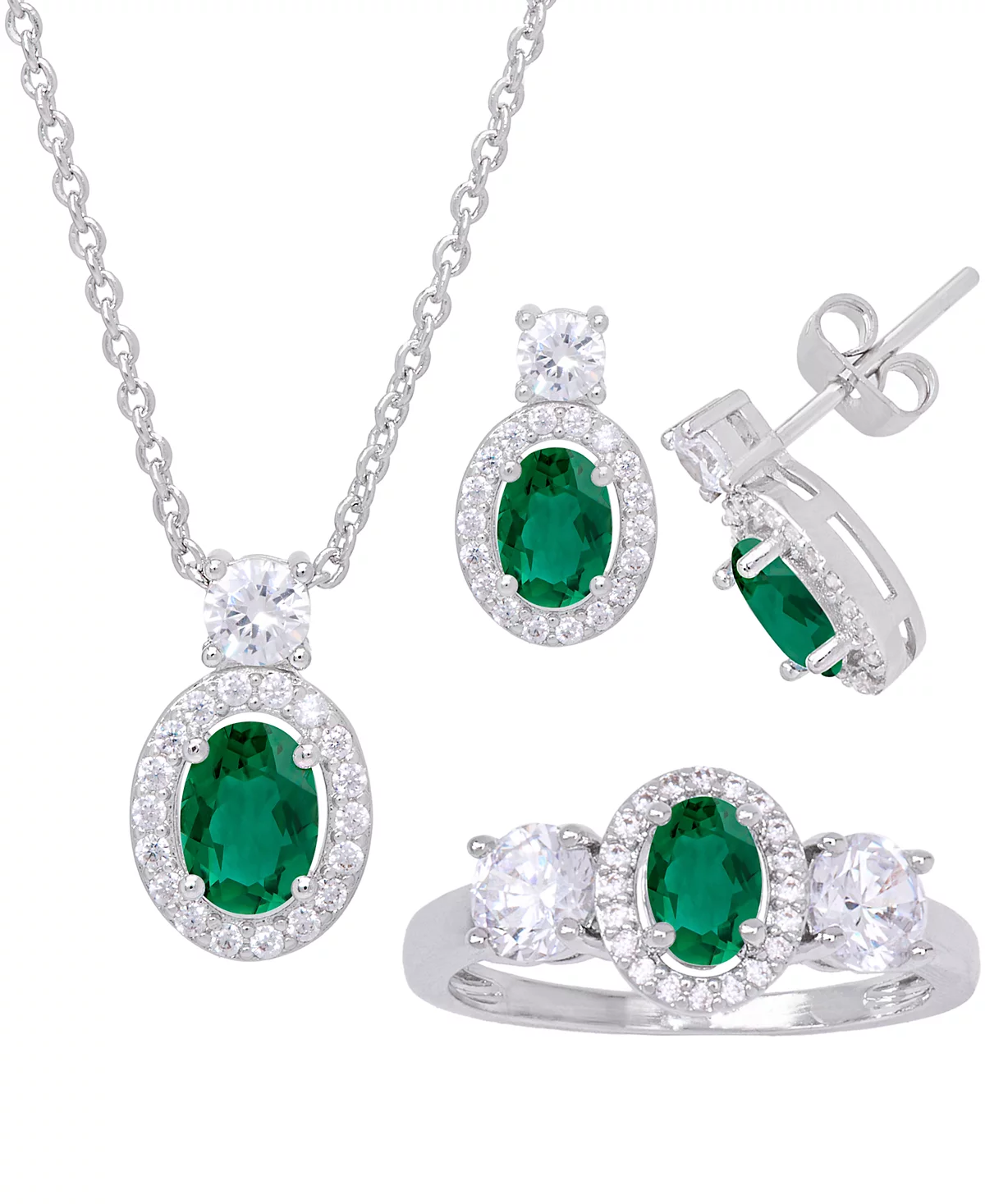Simulated Emerald Oval Halo 3 Piece, Pendant, Earrings and Ring, Set in Silver Plate image 1