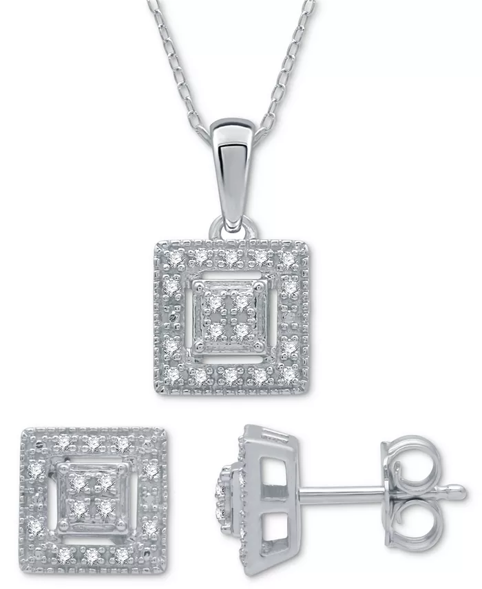 2-Pc. Set Diamond (1/6 ct. t.w.) Square Cluster Pendant Necklace & Matching Stud Earrings in Sterling Silver image 1