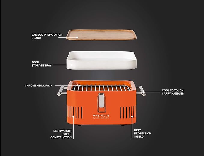 Everdure Cube Portable Charcoal Grill, Tabletop BBQ, Perfect Tailgate, Beach, Patio, or Camping Grill, Lightweight & Compact Small Grill with Preparation Board & Food Storage Tray, Orange image 1