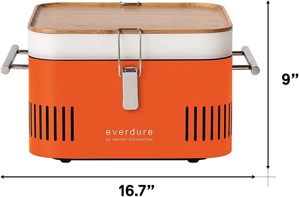 Everdure Cube Portable Charcoal Grill, Tabletop BBQ, Perfect Tailgate, Beach, Patio, or Camping Grill, Lightweight & Compact Small Grill with Preparation Board & Food Storage Tray, Orange image 2