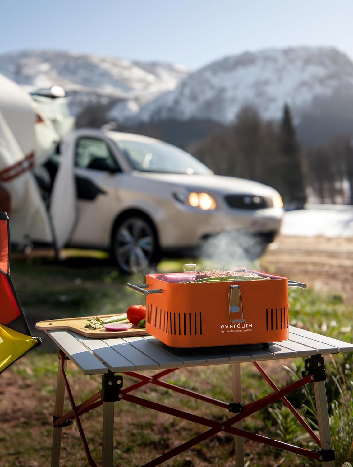 Everdure Cube Portable Charcoal Grill, Tabletop BBQ, Perfect Tailgate, Beach, Patio, or Camping Grill, Lightweight & Compact Small Grill with Preparation Board & Food Storage Tray, Orange image 9