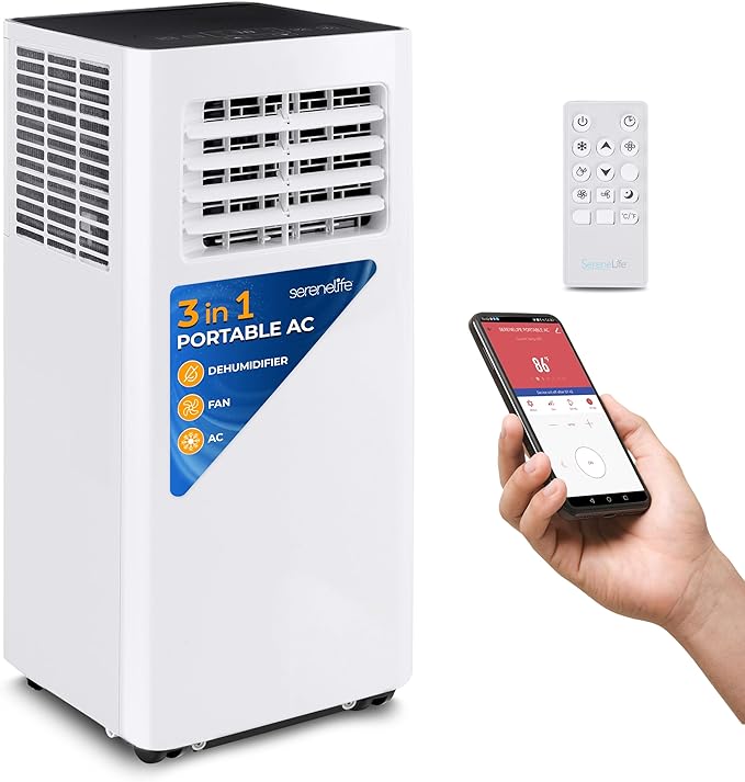 SereneLife Small Air Conditioner Portable 8,000 BTU with Built-in Dehumidifier - Portable AC unit for rooms up to 350 sq ft - WiFi app + Remote Control, Window Mount Exhaust Kit image 1