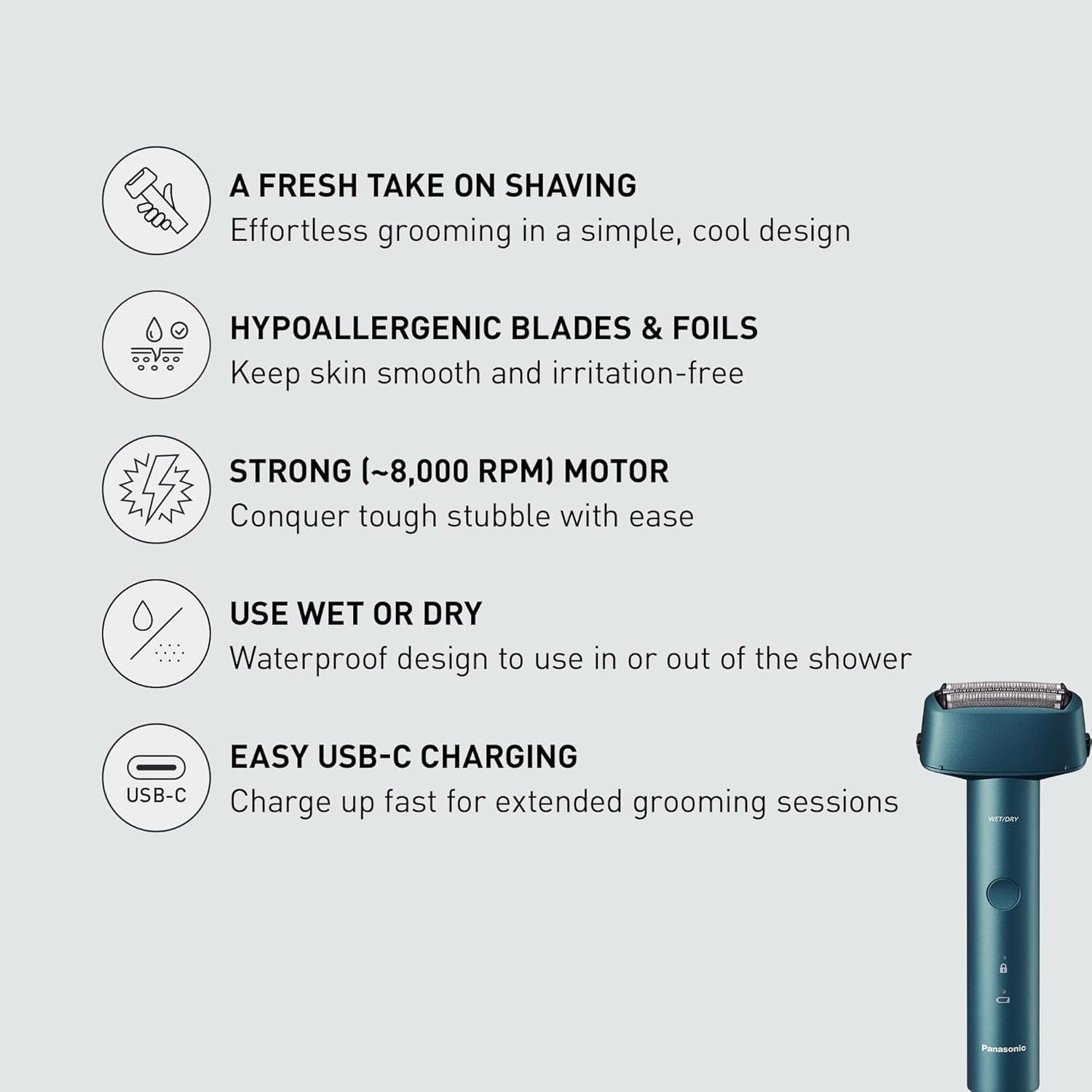 Panasonic Electric Razor for Men, Wet Dry Shaver with 3-Blade Cutting System, Ergonomic Handle and USB-C Charging- ES-RM3B-G image 2