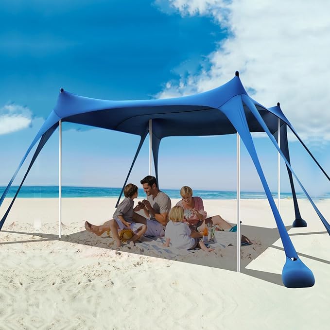 Beach Tent Sun Shelter, 10 x 10 FT Beach Canopy Tent Sun Shade Heavy Duty, UPF50+ Beach Tent Canopy with 8 Sandbags & 4 Stability Poles, Outdoor Beach Shade Canopy for Camping and Fishing, Blue image 1