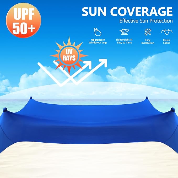 Beach Tent Sun Shelter, 10 x 10 FT Beach Canopy Tent Sun Shade Heavy Duty, UPF50+ Beach Tent Canopy with 8 Sandbags & 4 Stability Poles, Outdoor Beach Shade Canopy for Camping and Fishing, Blue image 2