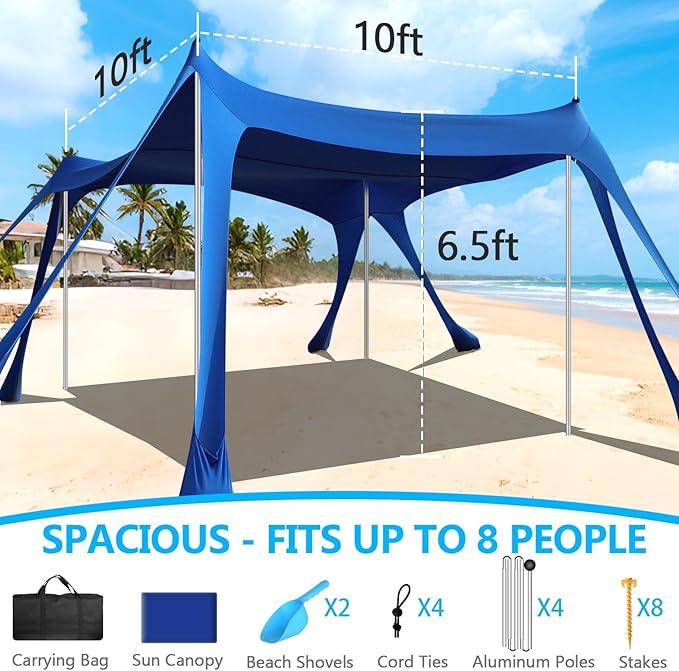 Beach Tent Sun Shelter, 10 x 10 FT Beach Canopy Tent Sun Shade Heavy Duty, UPF50+ Beach Tent Canopy with 8 Sandbags & 4 Stability Poles, Outdoor Beach Shade Canopy for Camping and Fishing, Blue image 3