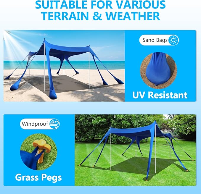 Beach Tent Sun Shelter, 10 x 10 FT Beach Canopy Tent Sun Shade Heavy Duty, UPF50+ Beach Tent Canopy with 8 Sandbags & 4 Stability Poles, Outdoor Beach Shade Canopy for Camping and Fishing, Blue image 4
