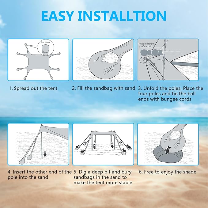 Beach Tent Sun Shelter, 10 x 10 FT Beach Canopy Tent Sun Shade Heavy Duty, UPF50+ Beach Tent Canopy with 8 Sandbags & 4 Stability Poles, Outdoor Beach Shade Canopy for Camping and Fishing, Blue image 5
