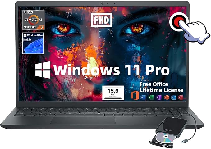 Dell Inspiron 15 Business Laptop- w/Office Lifetime & External DVD Drive, AMD Ryzen 7 7730U (8-Core) CPU, 15.6" FHD (1920 x 1080) Touchscreen, Win 11 Pro(32 GB RAM, 1 TB SSD) image 1