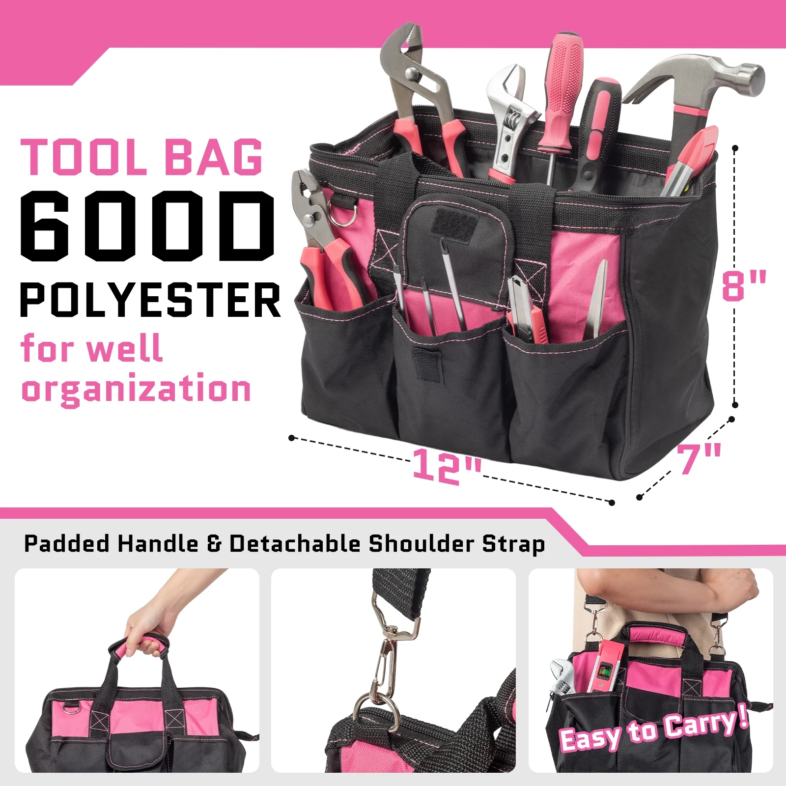Ktaxon 221-Piece Pink Household Tool Set with 12" Storage Bag image 3