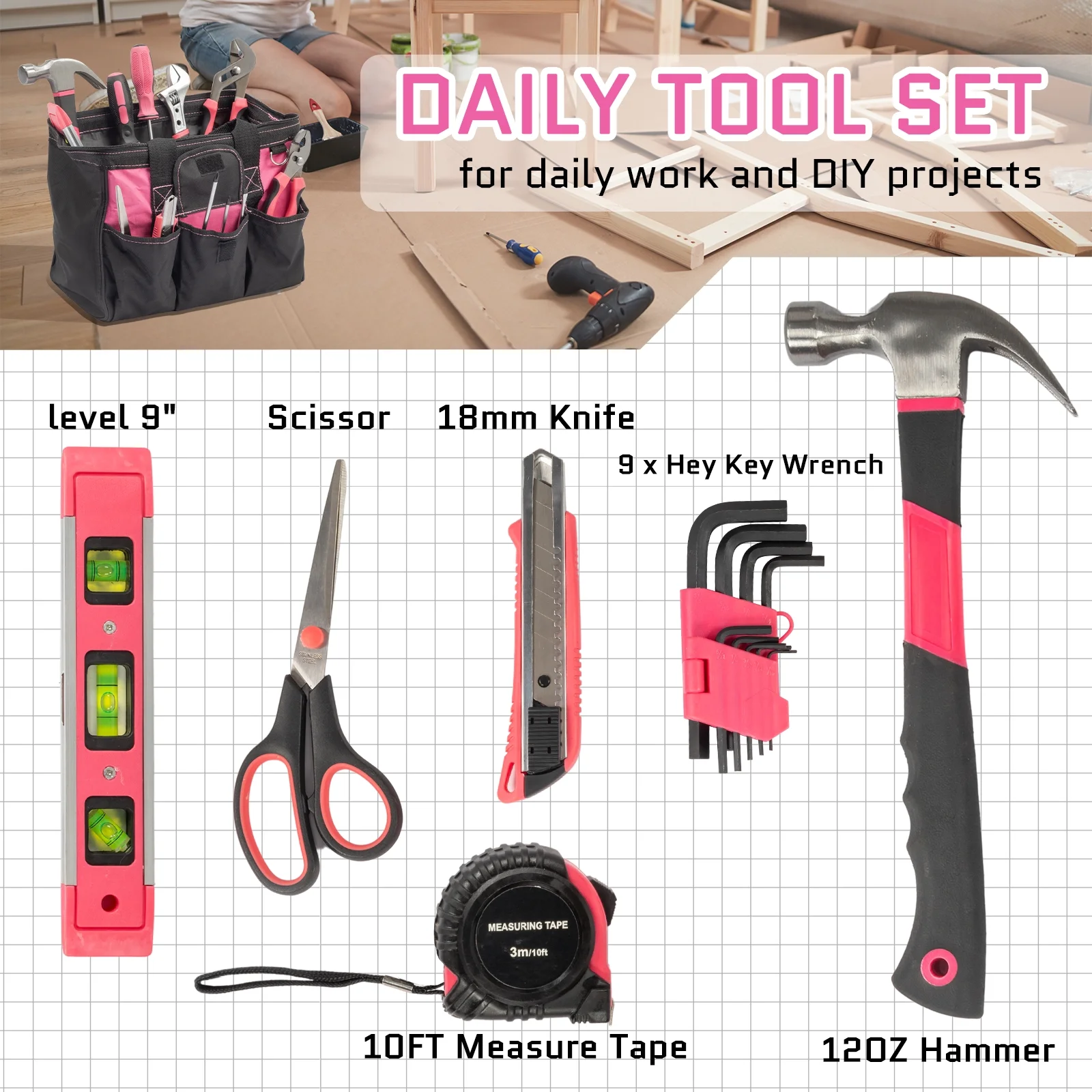 Ktaxon 221-Piece Pink Household Tool Set with 12" Storage Bag image 5