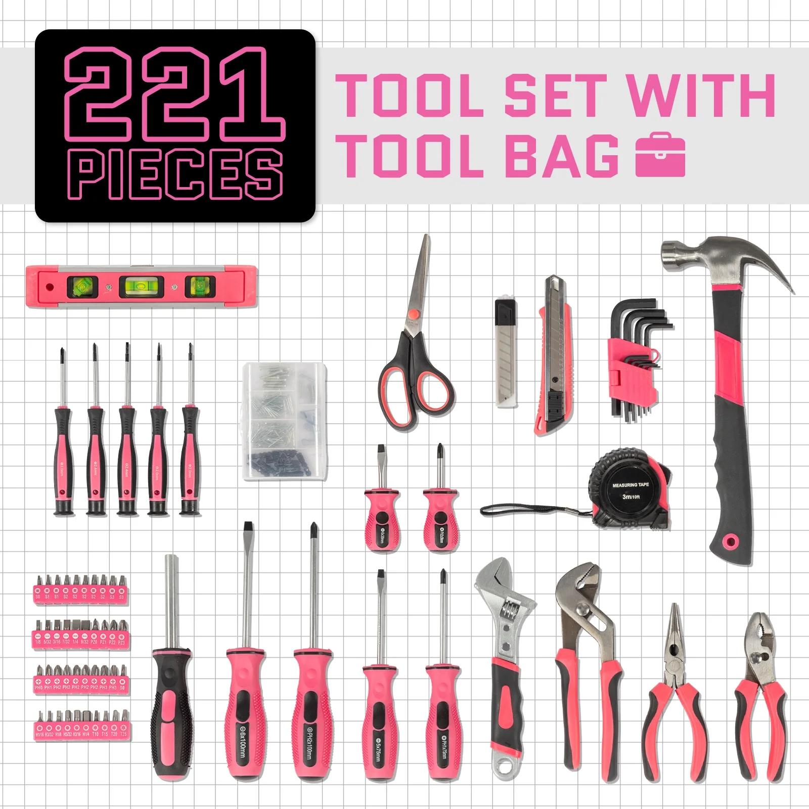Ktaxon 221-Piece Pink Household Tool Set with 12" Storage Bag image 7