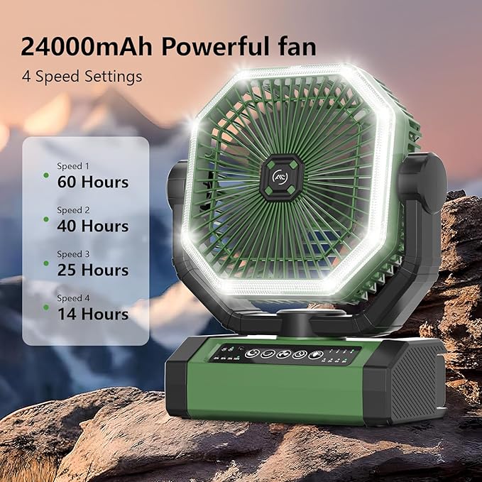 Portable Fan 24000mAh Battery Powered with Remote & LED, 4 Speed Strong Airflow, Desk/Camping/Outdoor/Gym Fan for Office Travel Treadmill Camping Gear image 2