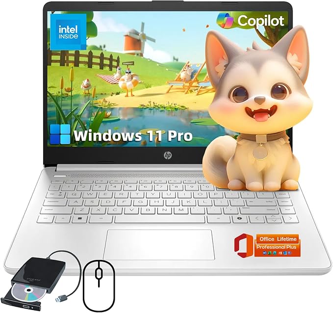 HP Ultra-Portable Laptop for Student and Business - 14" HD Display • Intel 4-Core N150 • Windows 11 Pro • Microsoft Office Lifetime & External DVD Drive • 16GB RAM • 128GB UFS + 256GB Micro SD image 1