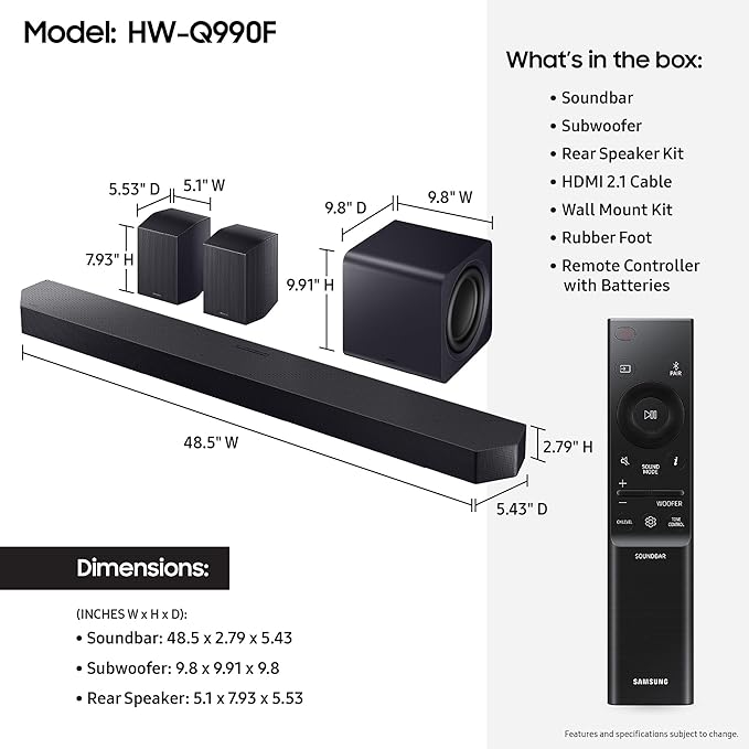SAMSUNG Q990F 11.1.4ch Q Series Subwoofer + Rear Speaker, Wireless Dolby Atmos, Q-Symphony, Game Mode Pro, Adaptive Sound (HW-Q990F, 2025) image 2