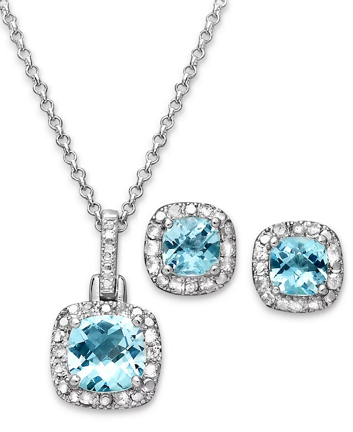 Macy's Blue Topaz (3-1/10 ct. t.w.) & Diamond Accent Sterling Silver 18" Pendant Necklace and Stud Earrings Set image 1