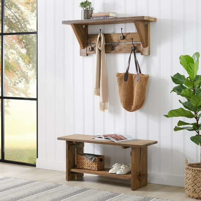 Alaterre Furniture Bethel Acacia Wood 40"W Bench and Coat Hook with Shelf, Natural image 1