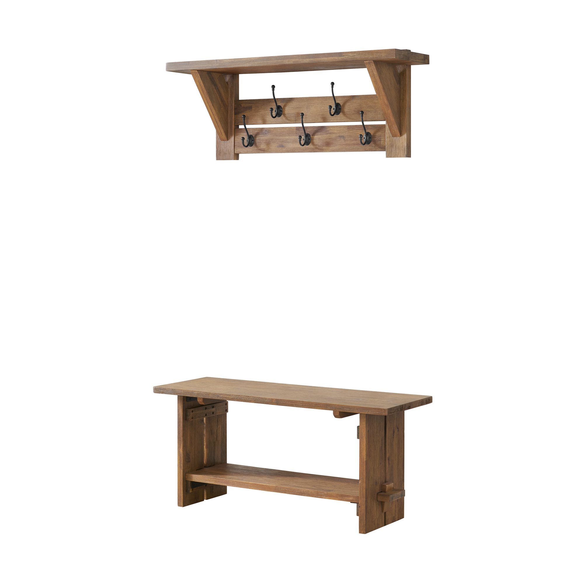 Alaterre Furniture Bethel Acacia Wood 40"W Bench and Coat Hook with Shelf, Natural image 2