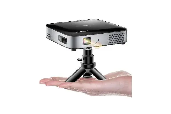 GooDee WiFi Bluetooth Mini Projector - 4K DLP Projector 1080P Support Pocket Pico Movie Projector with Tripod, Outdoor Video Portable Rechargeable Battery Short Throw for iPhone/Android image