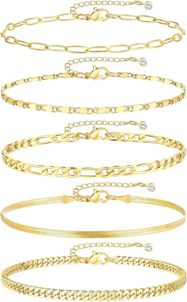 iF YOU Gold Ankle Bracelets for Women, 14k Gold Plated Waterproof Cuban Link Chain Anklets Set, Layered Anklet Bracelets for Women Beach Gift Adjustable Size 5pc image 1