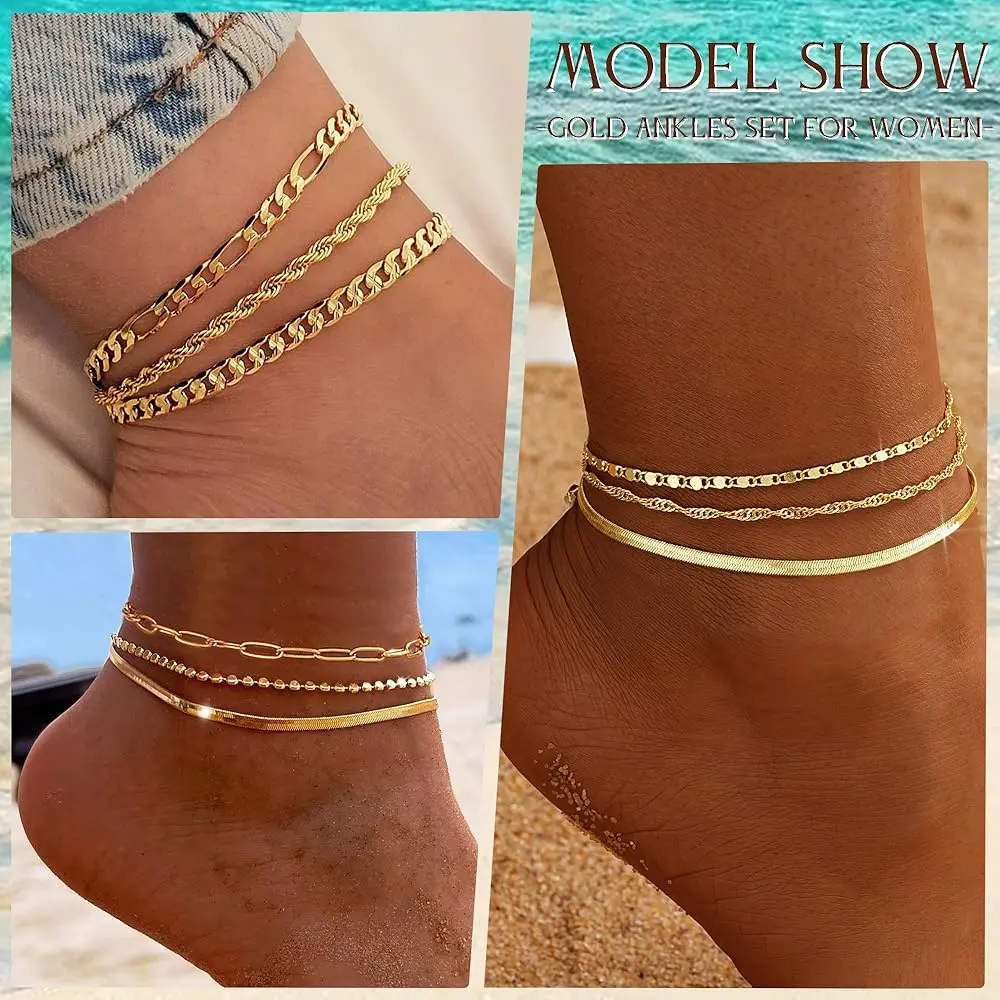 iF YOU Gold Ankle Bracelets for Women, 14k Gold Plated Waterproof Cuban Link Chain Anklets Set, Layered Anklet Bracelets for Women Beach Gift Adjustable Size 5pc image 2