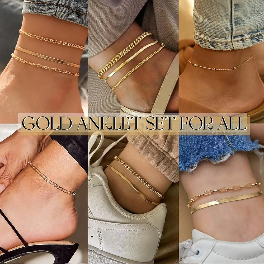 iF YOU Gold Ankle Bracelets for Women, 14k Gold Plated Waterproof Cuban Link Chain Anklets Set, Layered Anklet Bracelets for Women Beach Gift Adjustable Size 5pc image 3