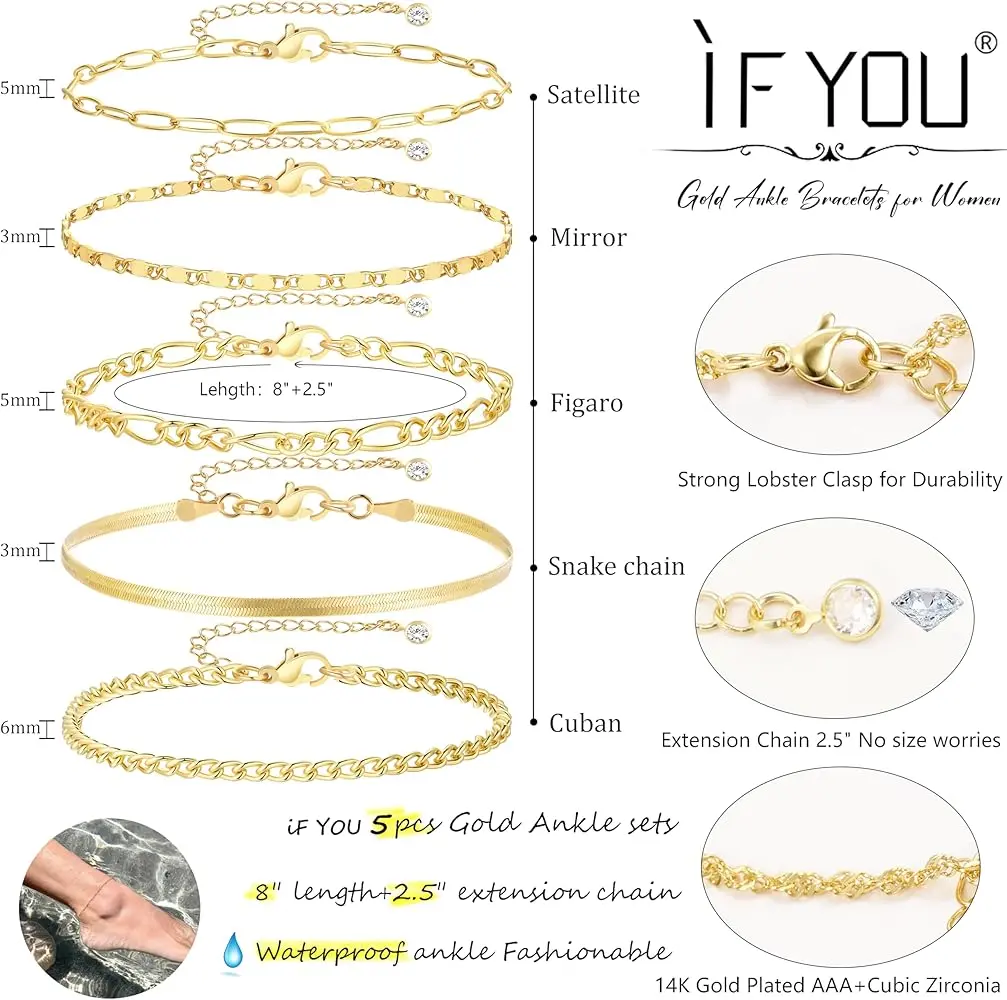 iF YOU Gold Ankle Bracelets for Women, 14k Gold Plated Waterproof Cuban Link Chain Anklets Set, Layered Anklet Bracelets for Women Beach Gift Adjustable Size 5pc image 4
