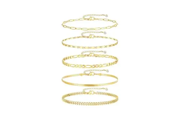 iF YOU Gold Ankle Bracelets for Women, 14k Gold Plated Waterproof Cuban Link Chain Anklets Set, Layered Anklet Bracelets for Women Beach Gift Adjustable Size 5pc image