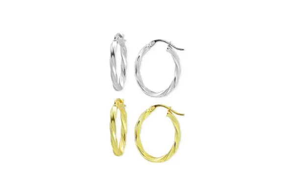 Macy's 2-Pc. Set Twisted Small Oval Hoop Earrings in Sterling Silver & 18k Gold-Plate, 20mm image