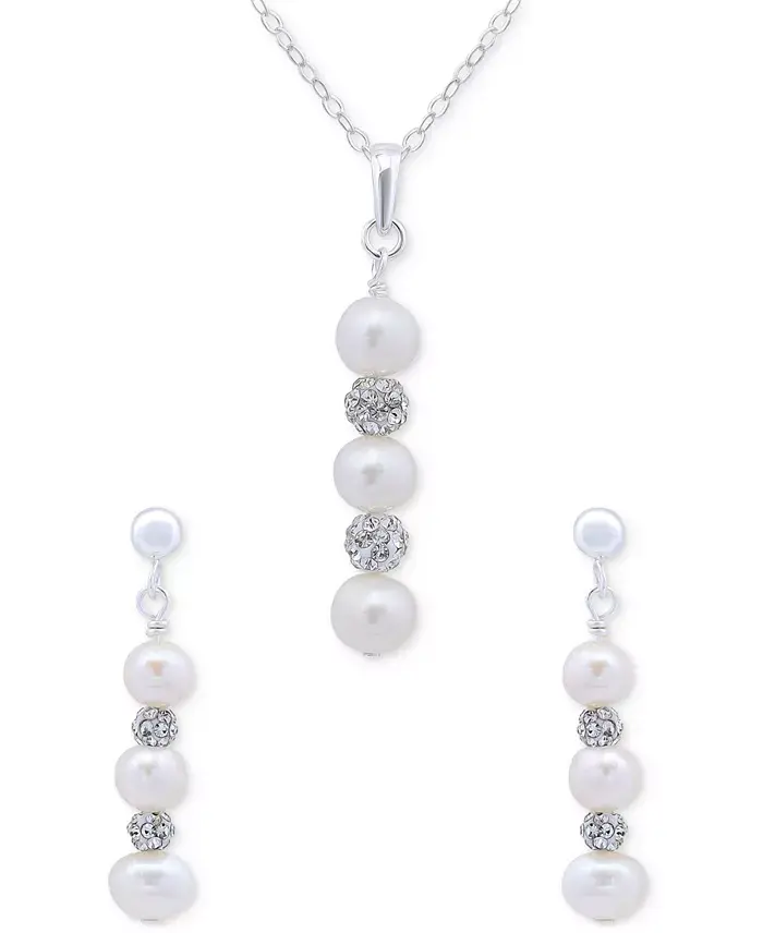 Cultured Freshwater Pearl (5-7mm) & Crystal Pendant Necklace & Matching Drop Earrings Set in Sterling Silver image 1