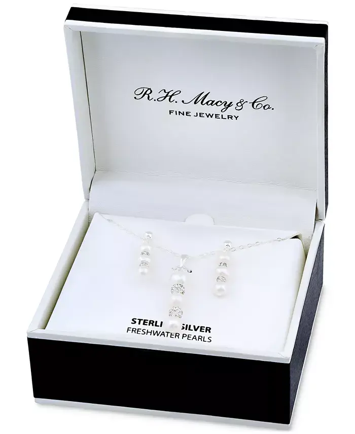 Cultured Freshwater Pearl (5-7mm) & Crystal Pendant Necklace & Matching Drop Earrings Set in Sterling Silver image 2