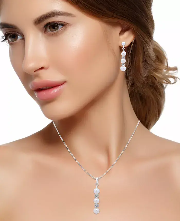 Cultured Freshwater Pearl (5-7mm) & Crystal Pendant Necklace & Matching Drop Earrings Set in Sterling Silver image 3