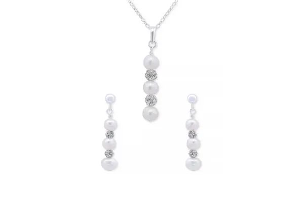 Cultured Freshwater Pearl (5-7mm) & Crystal Pendant Necklace & Matching Drop Earrings Set in Sterling Silver image