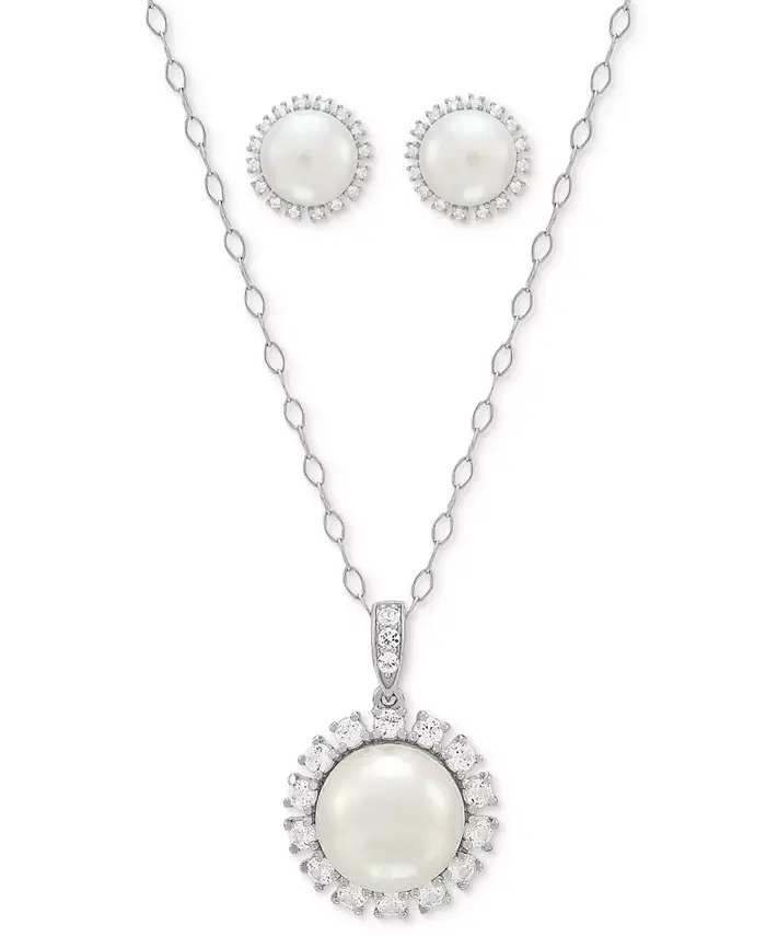 2-Pc. Set Cultured Freshwater Button Pearl (8 & 10mm) & Lab Created White Sapphire (7/8 ct. t.w.) Halo Pendant Necklace & Matching Stud Earrings in Sterling Silver image 1