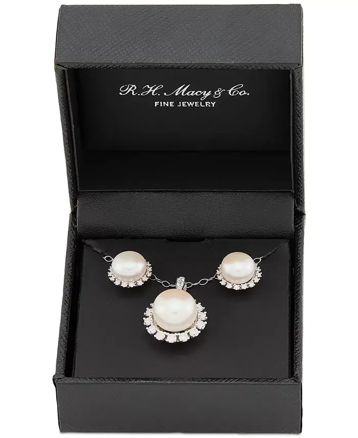 2-Pc. Set Cultured Freshwater Button Pearl (8 & 10mm) & Lab Created White Sapphire (7/8 ct. t.w.) Halo Pendant Necklace & Matching Stud Earrings in Sterling Silver image 2
