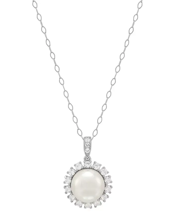 2-Pc. Set Cultured Freshwater Button Pearl (8 & 10mm) & Lab Created White Sapphire (7/8 ct. t.w.) Halo Pendant Necklace & Matching Stud Earrings in Sterling Silver image 5