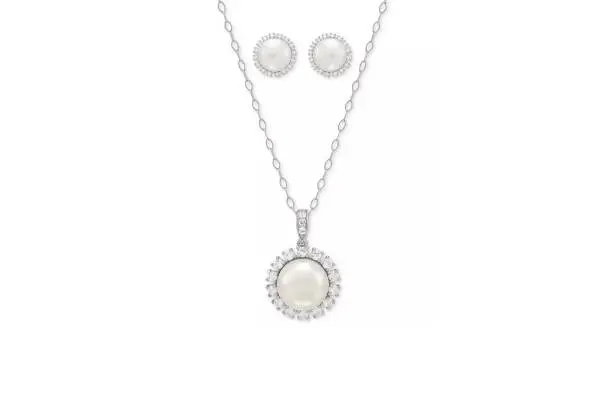 2-Pc. Set Cultured Freshwater Button Pearl (8 & 10mm) & Lab Created White Sapphire (7/8 ct. t.w.) Halo Pendant Necklace & Matching Stud Earrings in Sterling Silver image