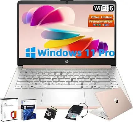 HP Business Student Laptop Computer - Windows 11 Pro & Microsoft Office Lifetime | 14 inch HD | AI-Powered, Long Batter Hr N-Serious Laptop| 16GB RAM, 128GB UFS, 256GB Extend Micro SD | Rose Gold image 1