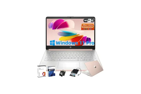 HP Business Student Laptop Computer - Windows 11 Pro & Microsoft Office Lifetime | 14 inch HD | AI-Powered, Long Batter Hr N-Serious Laptop| 16GB RAM, 128GB UFS, 256GB Extend Micro SD | Rose Gold Image