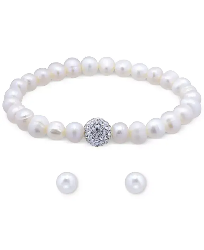 2-Pc. Set Multicolor Cultured Freshwater Pearl (7mm) & Crystal Bracelet & Complementing White Cultured Freshwater Pearl (7mm) Stud Earrings in Sterling Silver (Also in All-White Cultured Freshwater Pearl), Created for Macy's image 2