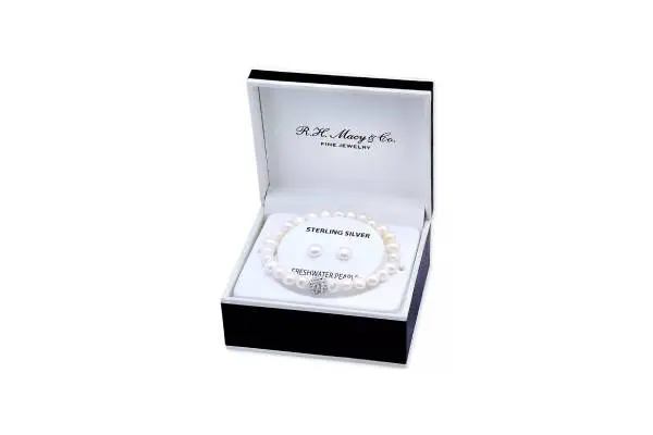 2-Pc. Set Multicolor Cultured Freshwater Pearl (7mm) & Crystal Bracelet & Complementing White Cultured Freshwater Pearl (7mm) Stud Earrings in Sterling Silver (Also in All-White Cultured Freshwater Pearl), Created for Macy's Image