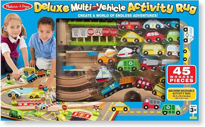 Melissa & Doug Deluxe Multi-Vehicle Activity Rug (39.5" x 36.5") - 19 Vehicles, 12 Wooden Signs, Train Tracks image 1